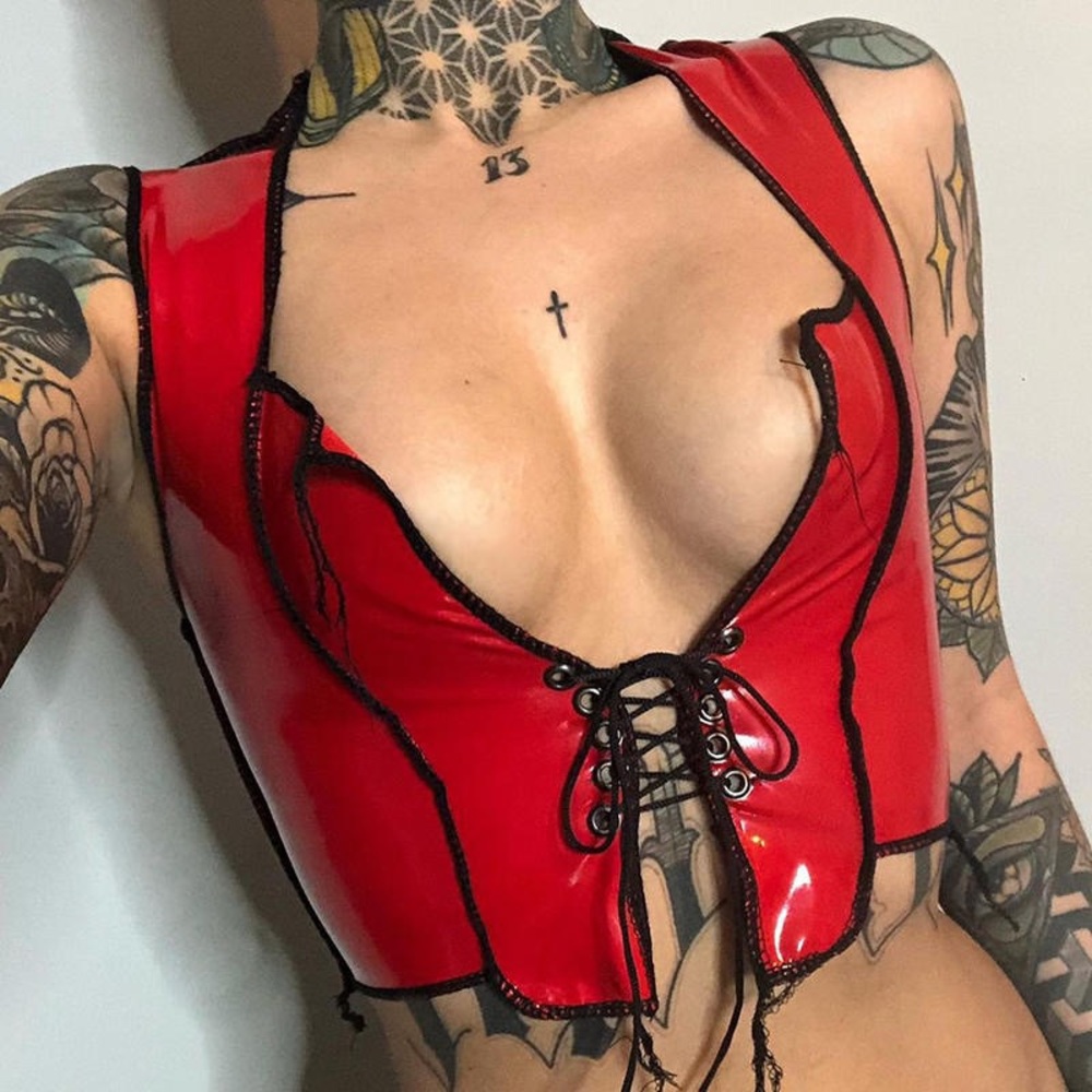 Red Leather Lace Up Top